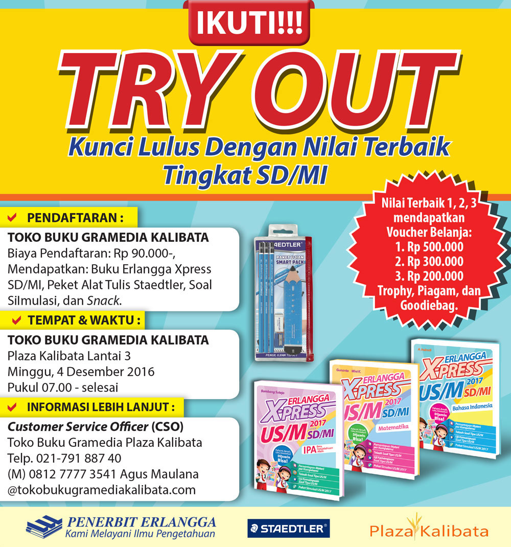 poster try out tingkat sd di gramedia Plaza Kalibata