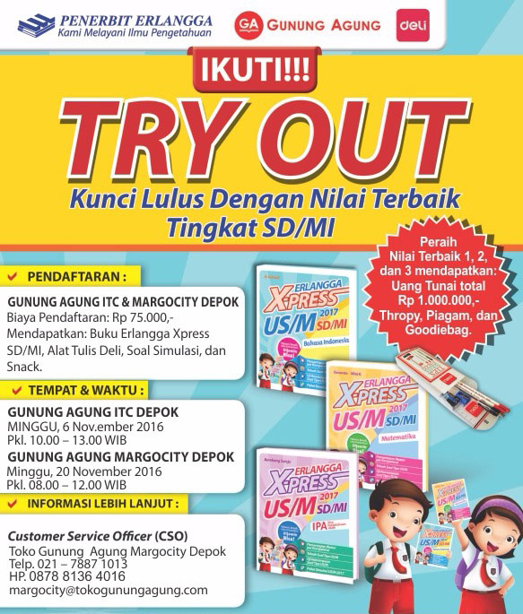 poster try out tingkat sd di gunung agung itc dan margocity depok