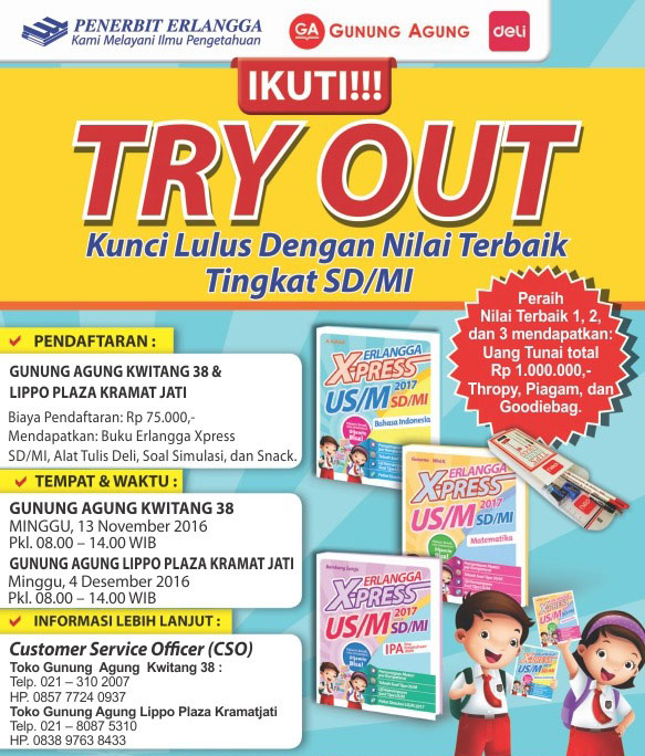 poster try out tingkat sd di gunung agung kwitang dan lippo mall kramat jati